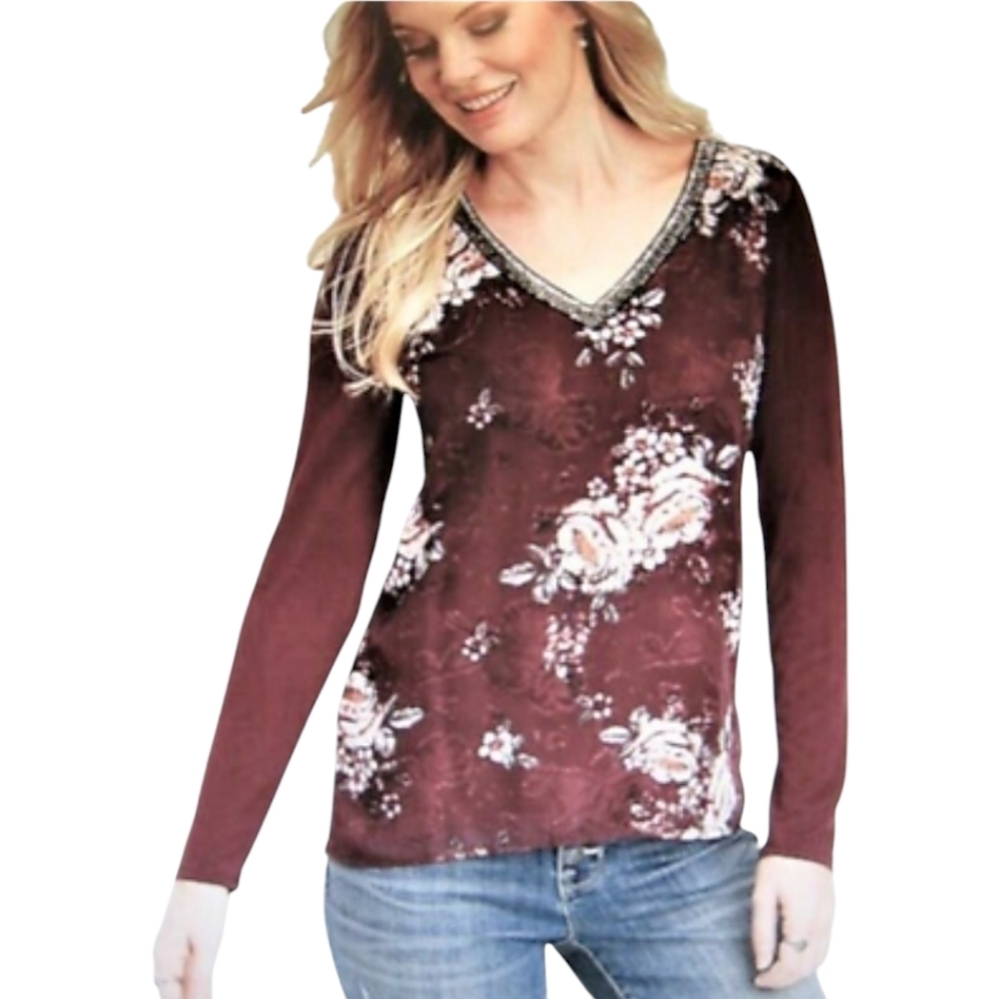 Maurices Floral Chiffon Top Jeweled V-Neck Size 3X
